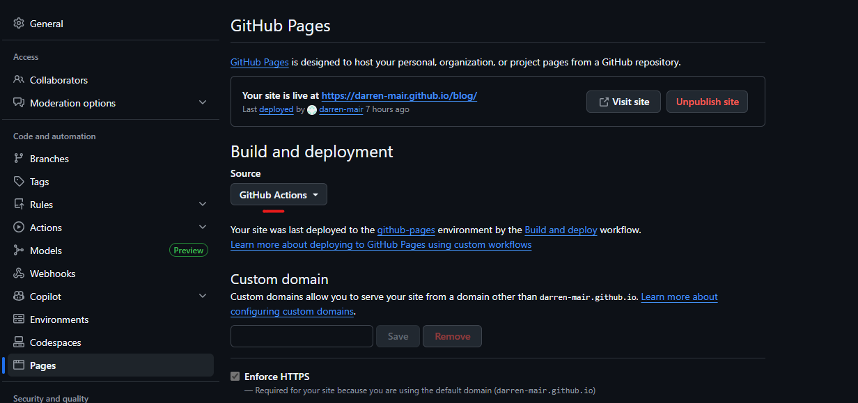 Placeholder showing GitHub Pages settings configured for GitHub Actions
